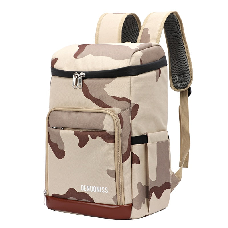 sac a dos isotherme brun camouflage 28 litres ou 23 litres avec compartiments vue de face

    
    loading=